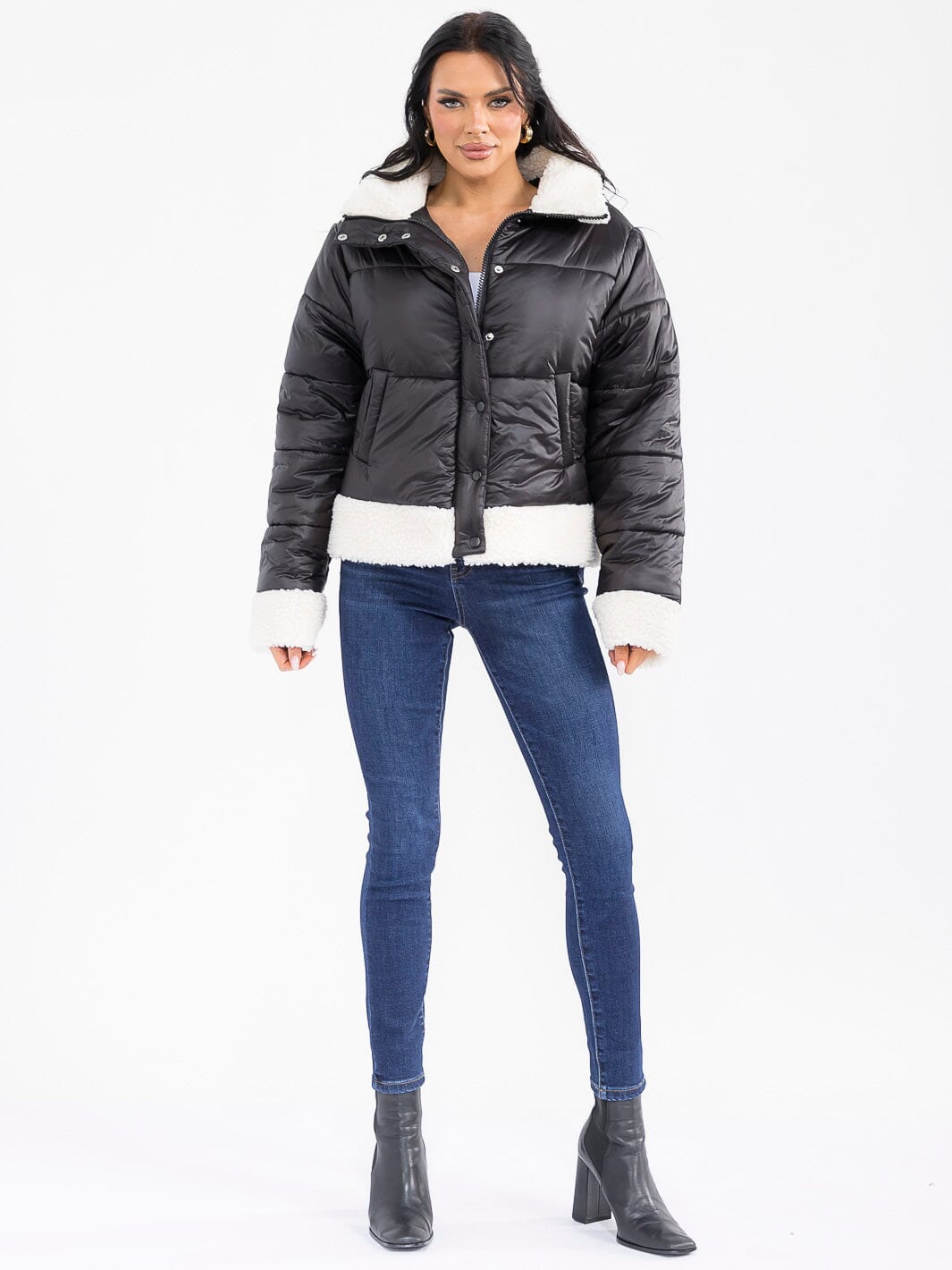 WOMEN'S LONG SLEEVE BUTTON CLOSURE FRONT POCKETS SHERPA PUFFER JACKET