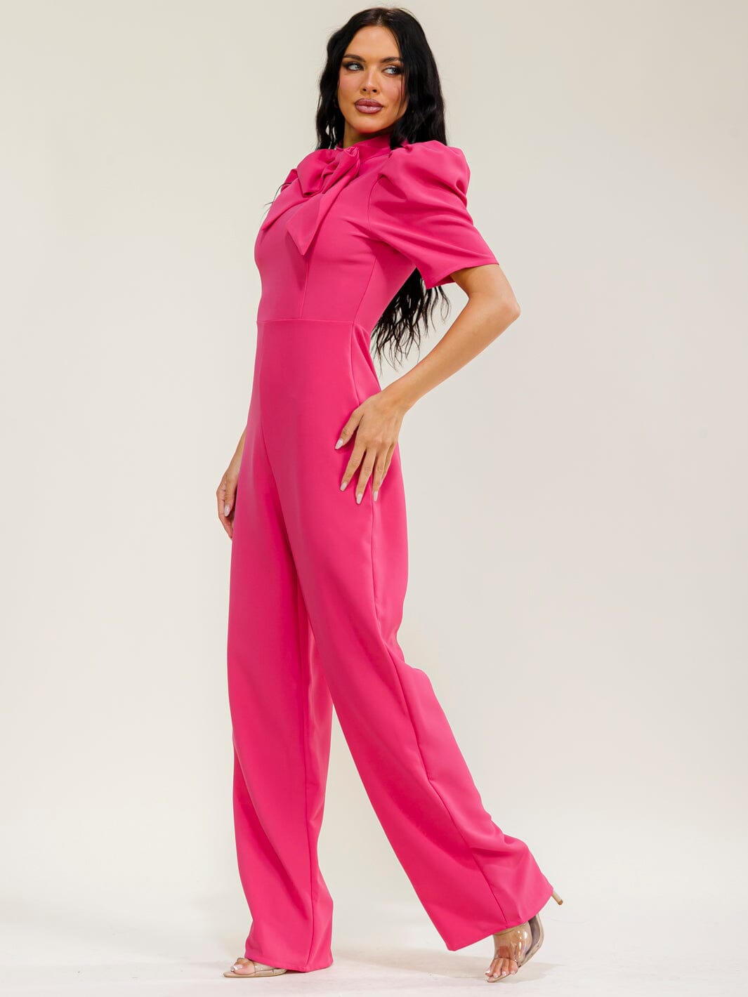 WOMEN'S SHORT PUFF SLEEVE BOW MOCK NECK WIDE LEG JUMPSUIT