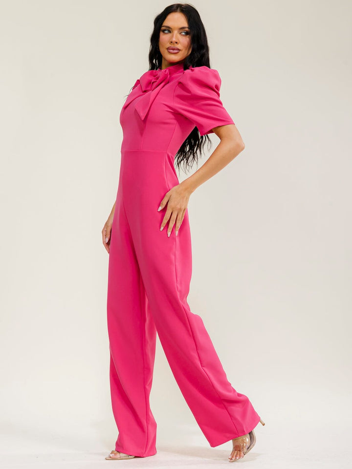 WOMEN'S SHORT PUFF SLEEVE BOW MOCK NECK WIDE LEG JUMPSUIT