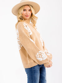 WOMEN'S LONG SLEEVE FLOWER PRINT PULLOVER SWEATER