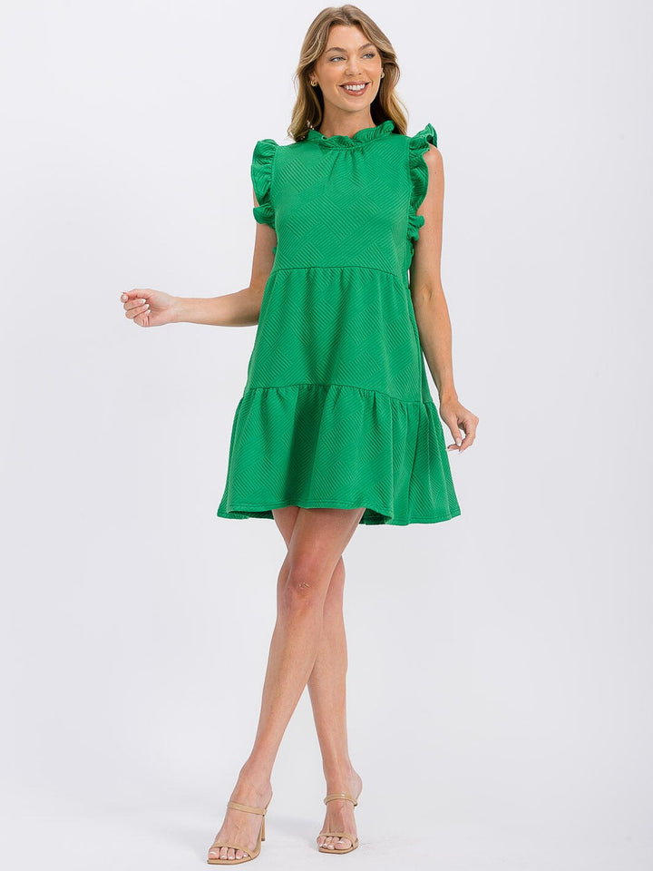 WOMEN'S RUFFLE SLEEVE FRONT POCKETS TIERED MINI DRESS