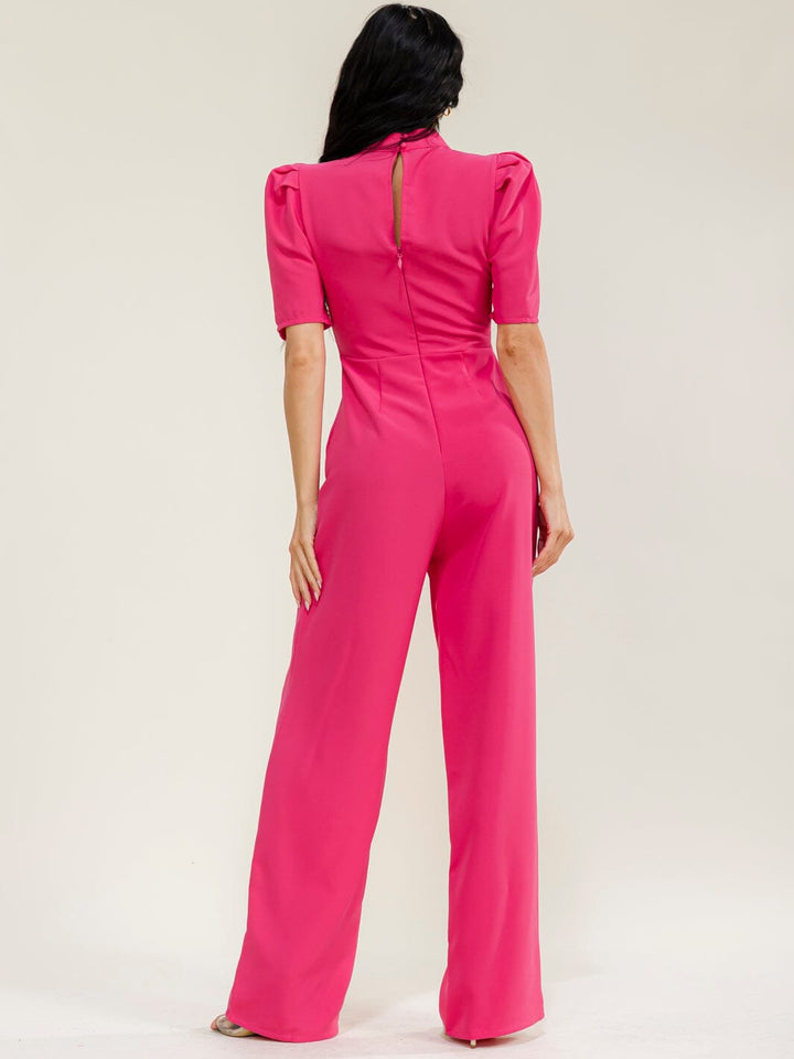 WOMEN'S SHORT PUFF SLEEVE BOW MOCK NECK WIDE LEG JUMPSUIT