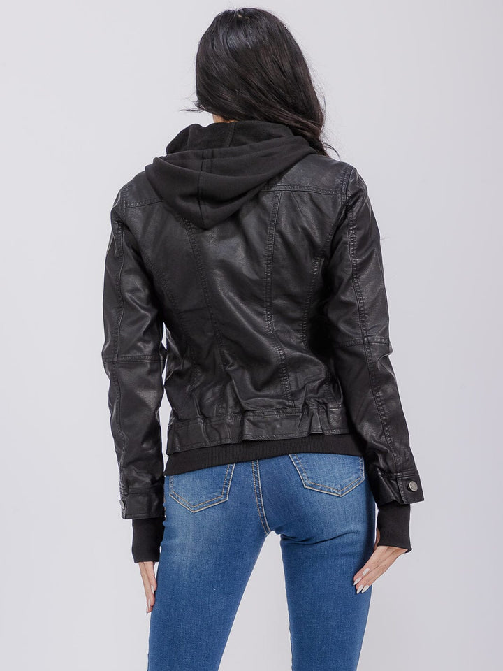 WOMEN'S LONG SLEEVE REMOVABLE HOODIE ZIPPER CLOSURE FRONT POCKETS PU PLEATHER JACKET
