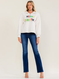 WOMEN'S LONG SLEEVE ZIP UP MERRY CHRISTMAS SHERPA PULLOVER SWEATER