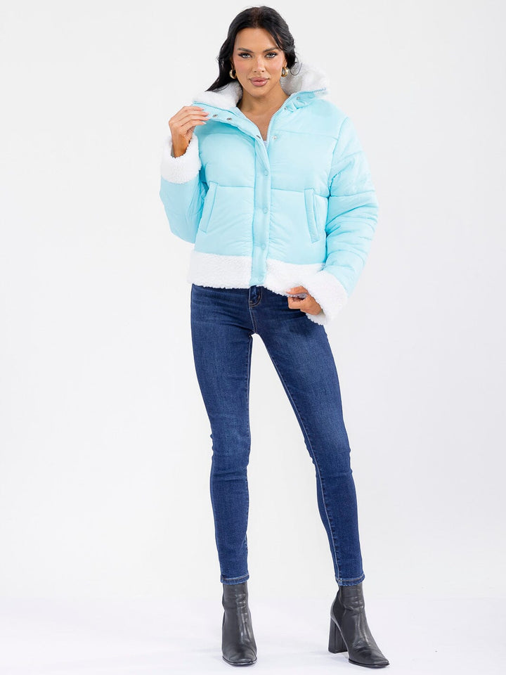 WOMEN'S LONG SLEEVE BUTTON CLOSURE FRONT POCKETS SHERPA PUFFER JACKET