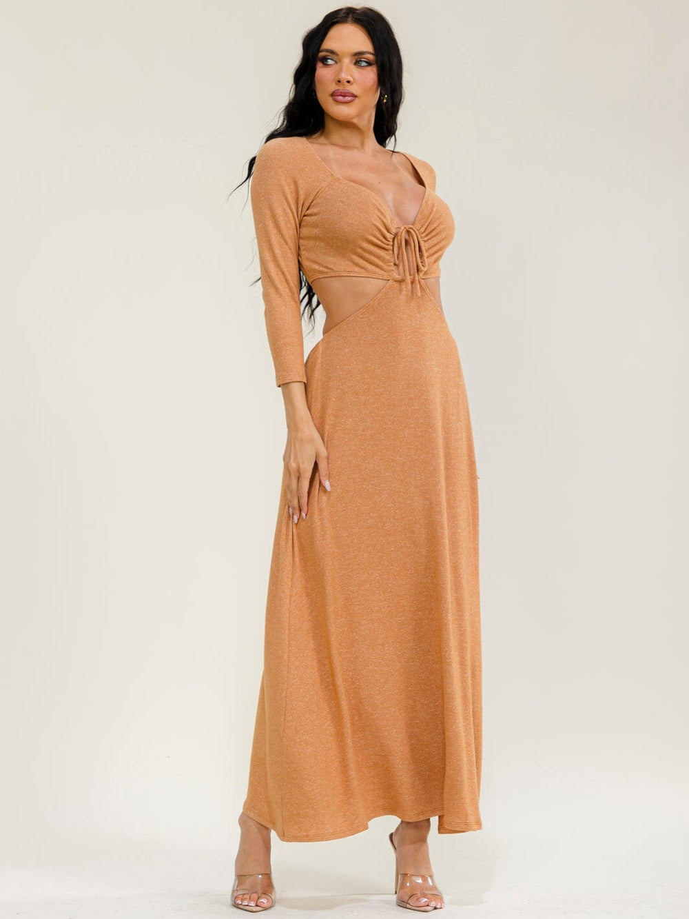 WOMEN'S LONG SLEEVE V-NECK CUT OUT BODYCON MAXI DRESS