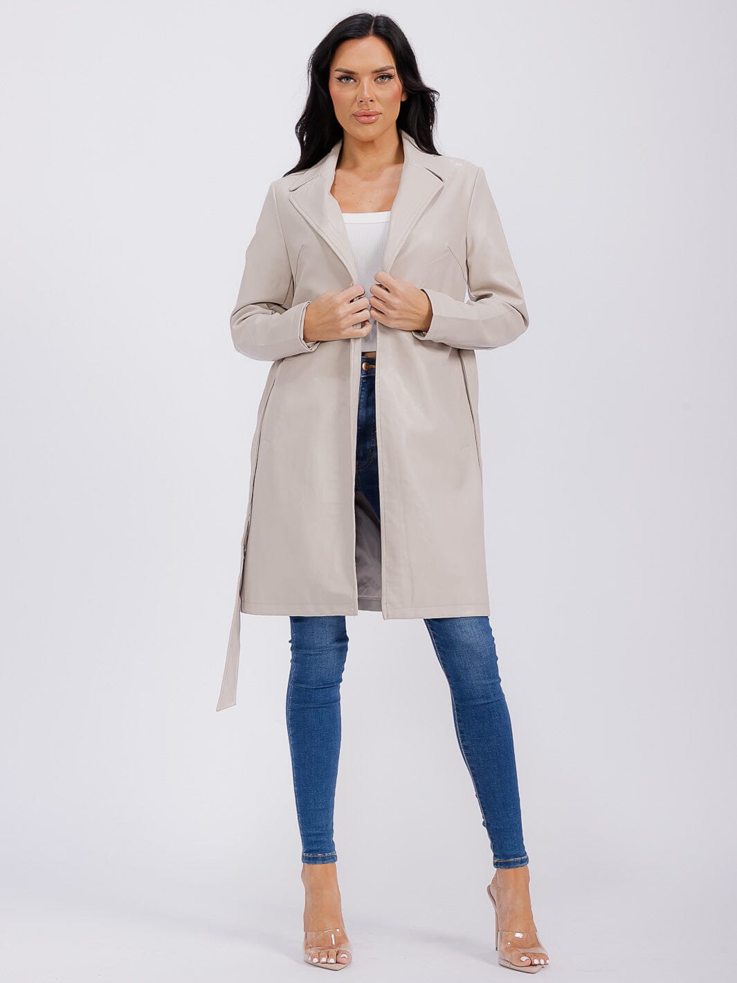 WOMEN'S LONG SLEEVE OPEN FRONT SELF TIE FRONT POCKETS PU PLEATHER COAT