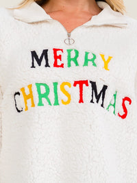 WOMEN'S LONG SLEEVE ZIP UP MERRY CHRISTMAS SHERPA PULLOVER SWEATER