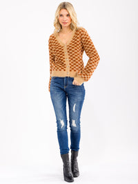 WOMEN'S LONG SLEEVE BUTTON UP CHEKERS PRINT FUZZY SWEATER