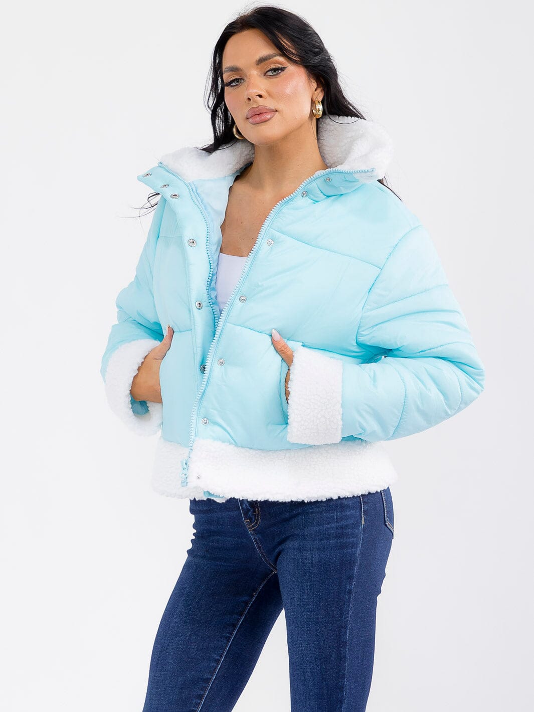 WOMEN'S LONG SLEEVE BUTTON CLOSURE FRONT POCKETS SHERPA PUFFER JACKET