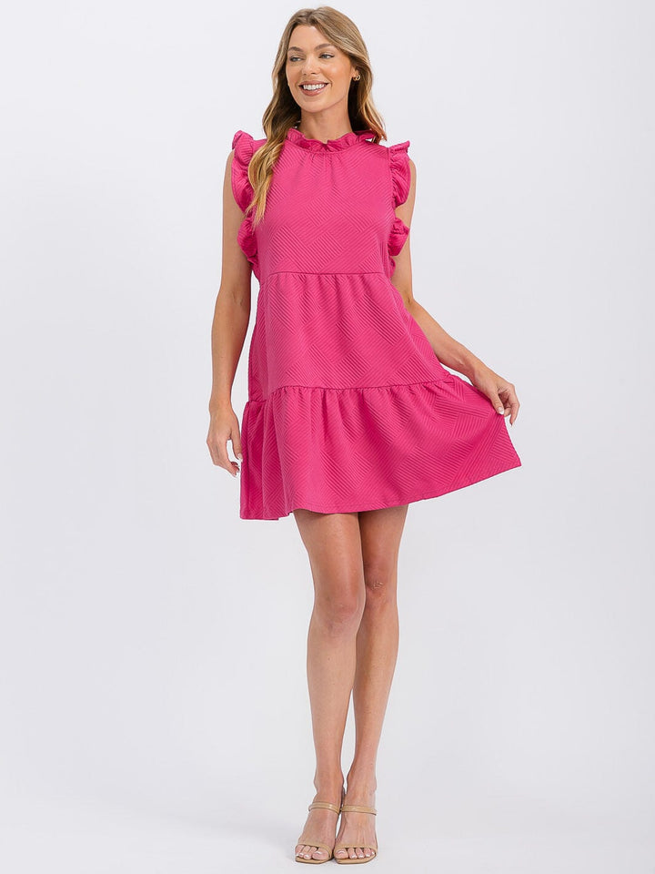 WOMEN'S RUFFLE SLEEVE FRONT POCKETS TIERED MINI DRESS