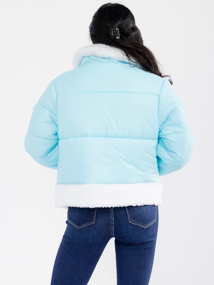 WOMEN'S LONG SLEEVE BUTTON CLOSURE FRONT POCKETS SHERPA PUFFER JACKET