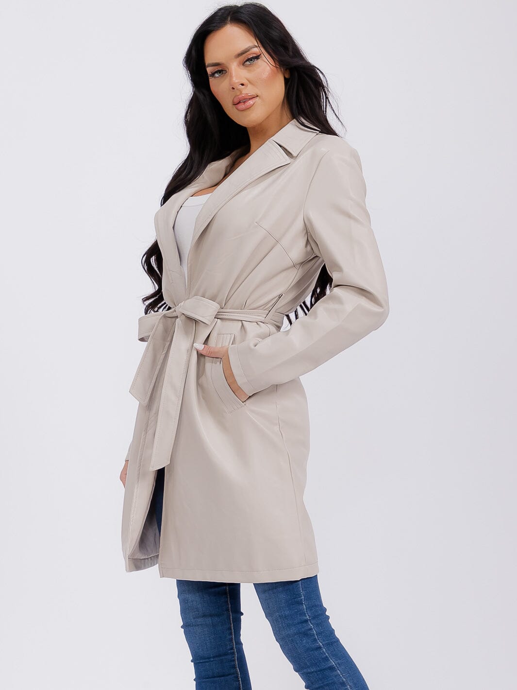 WOMEN'S LONG SLEEVE OPEN FRONT SELF TIE FRONT POCKETS PU PLEATHER COAT