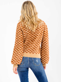 WOMEN'S LONG SLEEVE BUTTON UP CHEKERS PRINT FUZZY SWEATER