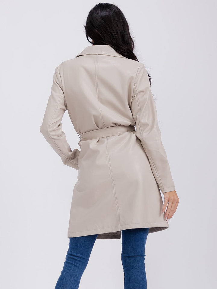 WOMEN'S LONG SLEEVE OPEN FRONT SELF TIE FRONT POCKETS PU PLEATHER COAT
