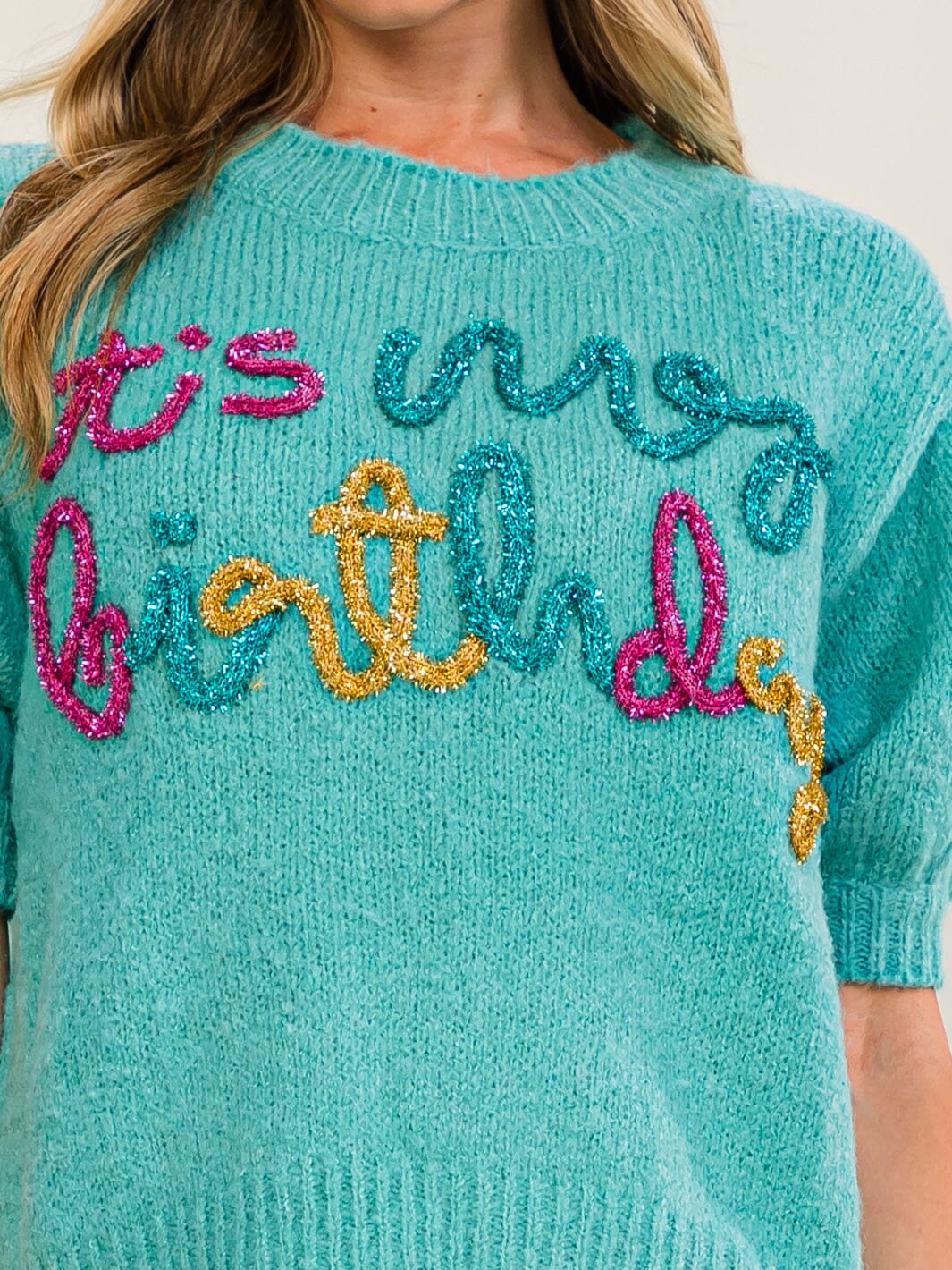 WOMEN'S SHORT SLEEVE IT'S MY BIRTHDAY SWEATER TOP