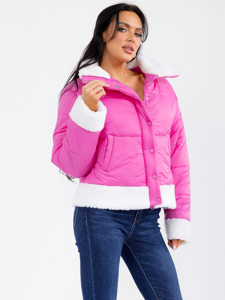 WOMEN'S LONG SLEEVE BUTTON CLOSURE FRONT POCKETS SHERPA PUFFER JACKET