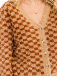 WOMEN'S LONG SLEEVE BUTTON UP CHEKERS PRINT FUZZY SWEATER