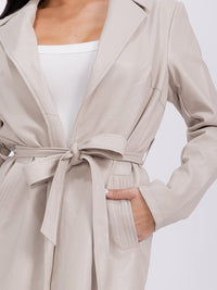 WOMEN'S LONG SLEEVE OPEN FRONT SELF TIE FRONT POCKETS PU PLEATHER COAT