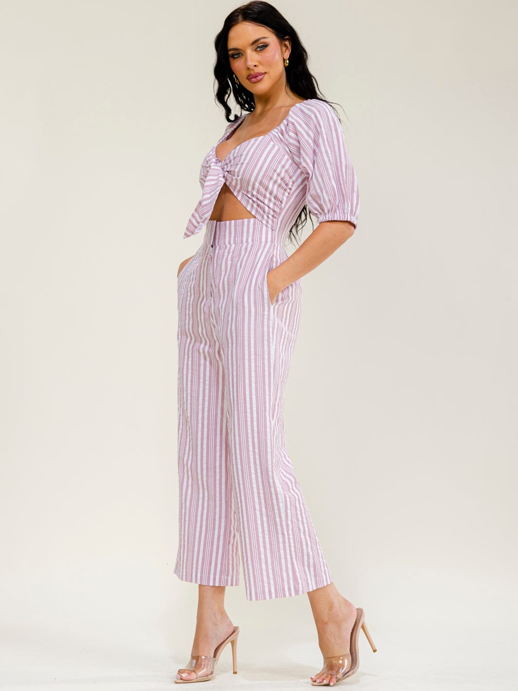 WOMEN'S SHORT SLEEVE FRONT CUT OUT POCKETS SMOCK STRIPES WIDE LEG JUMPSUIT