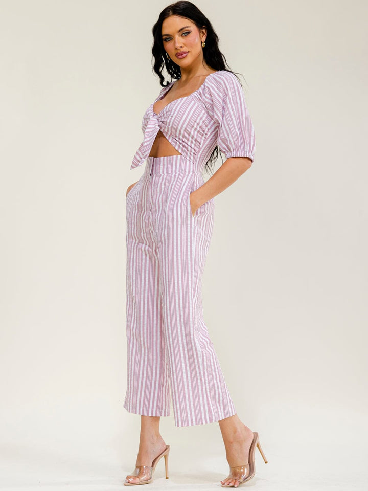 WOMEN'S SHORT SLEEVE FRONT CUT OUT POCKETS SMOCK STRIPES WIDE LEG JUMPSUIT