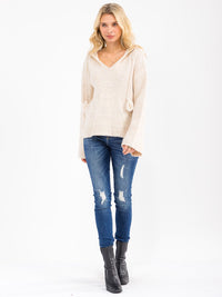 WOMEN'S LONG SLEEVE V-NECK HOODED PULLOVER SWEATER