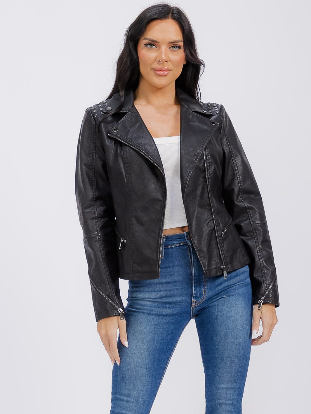 WOMEN'S LONG SLEEVE ZIPPER CLOSURE FRONT POCKETS STUDS PU PLEATHER JACKET