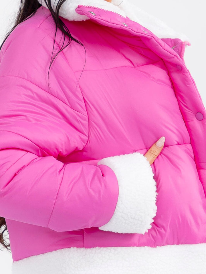 WOMEN'S LONG SLEEVE BUTTON CLOSURE FRONT POCKETS SHERPA PUFFER JACKET