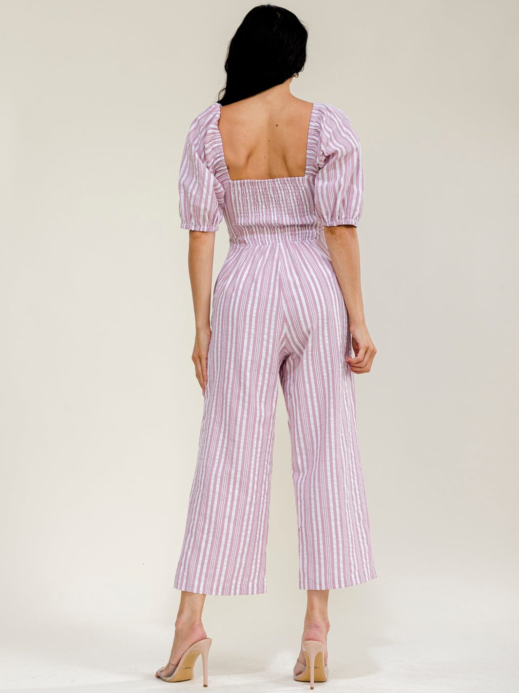 WOMEN'S SHORT SLEEVE FRONT CUT OUT POCKETS SMOCK STRIPES WIDE LEG JUMPSUIT