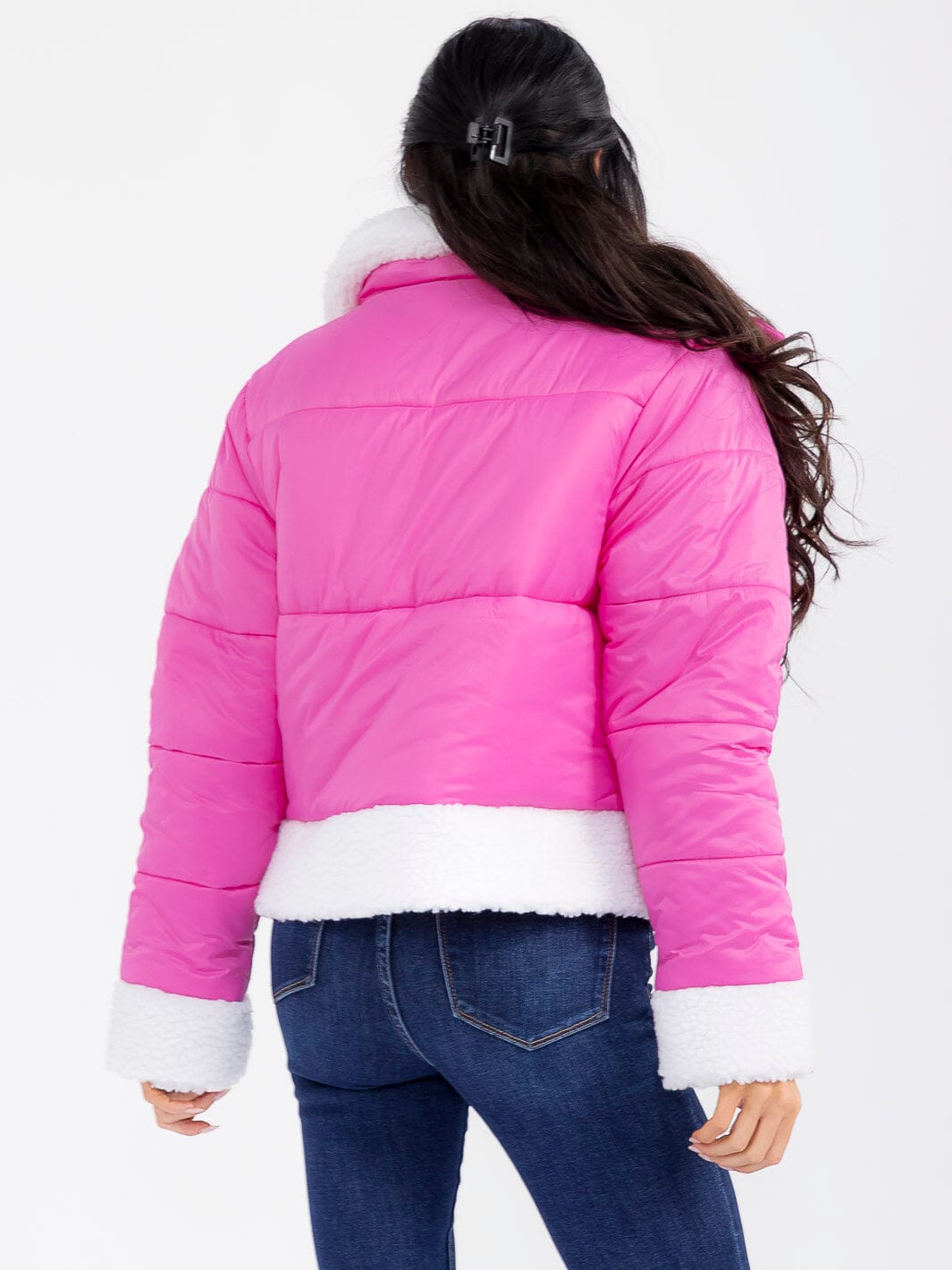WOMEN'S LONG SLEEVE BUTTON CLOSURE FRONT POCKETS SHERPA PUFFER JACKET