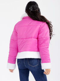 WOMEN'S LONG SLEEVE BUTTON CLOSURE FRONT POCKETS SHERPA PUFFER JACKET