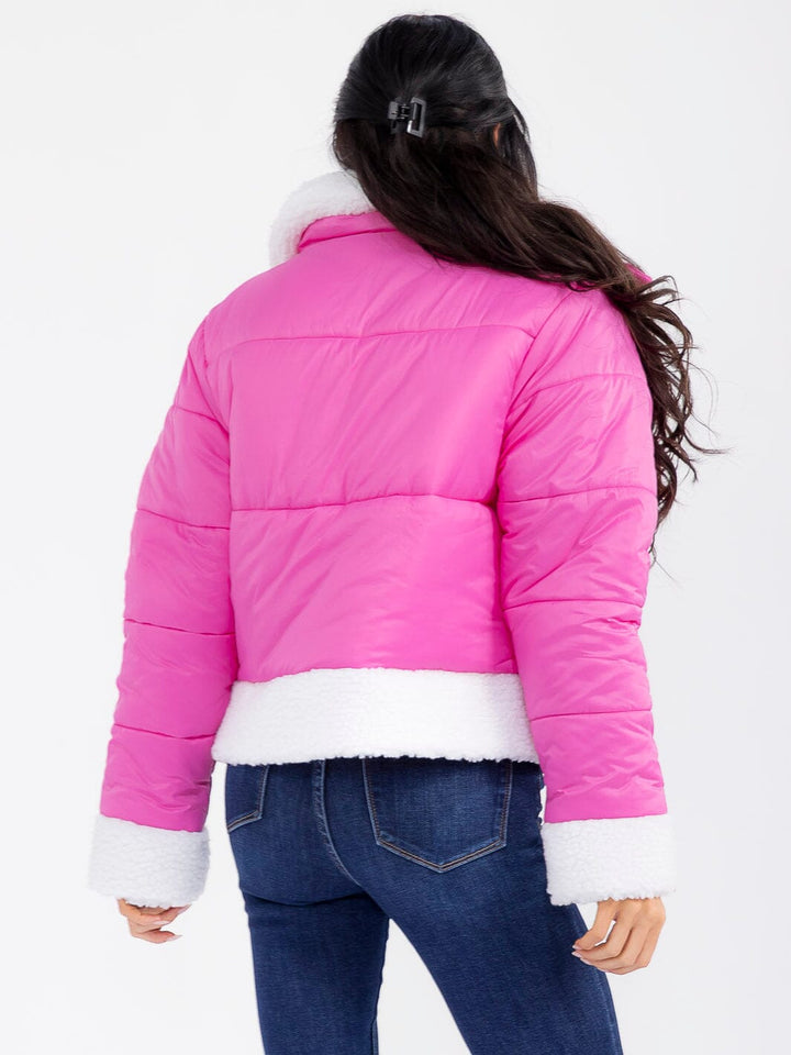 WOMEN'S LONG SLEEVE BUTTON CLOSURE FRONT POCKETS SHERPA PUFFER JACKET
