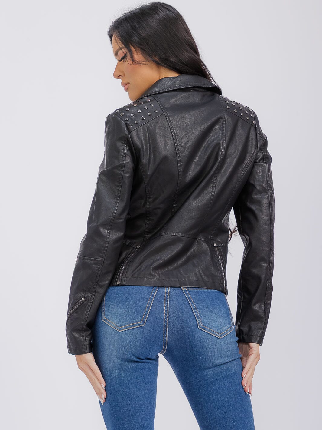 WOMEN'S LONG SLEEVE ZIPPER CLOSURE FRONT POCKETS STUDS PU PLEATHER JACKET