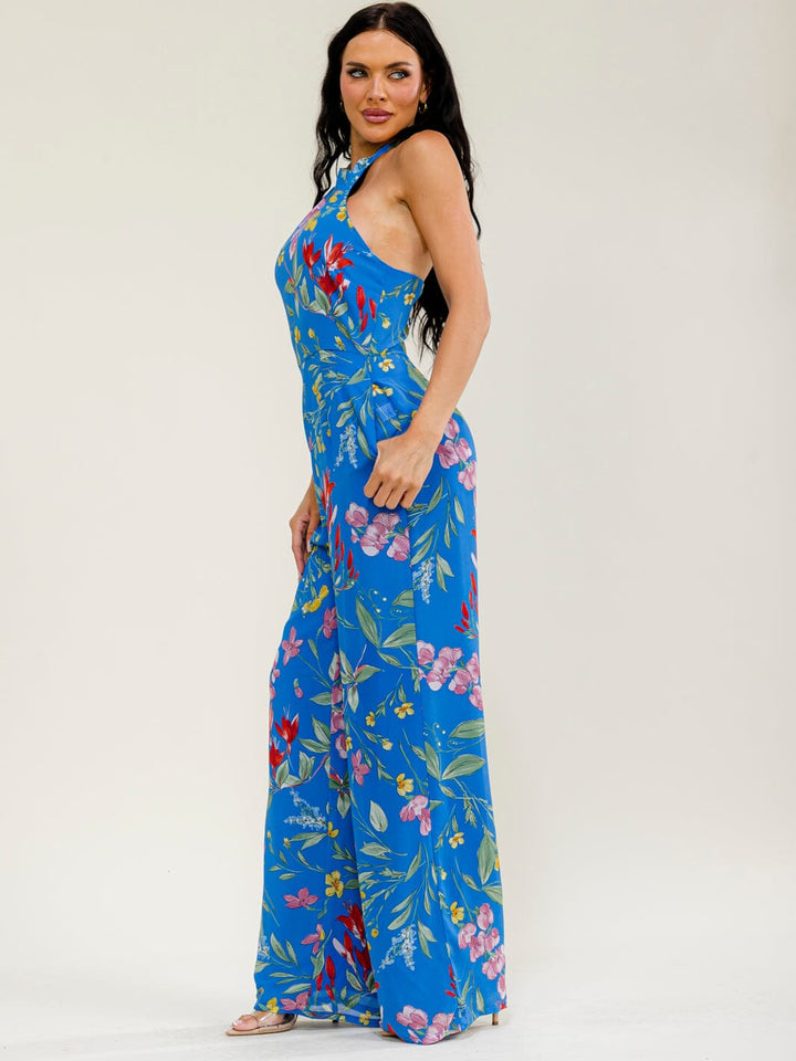 WOMEN'S SLEEVELESS HALTER NECK OPEN BACK POCKETS FLORAL WIDE LEG JUMPSUIT