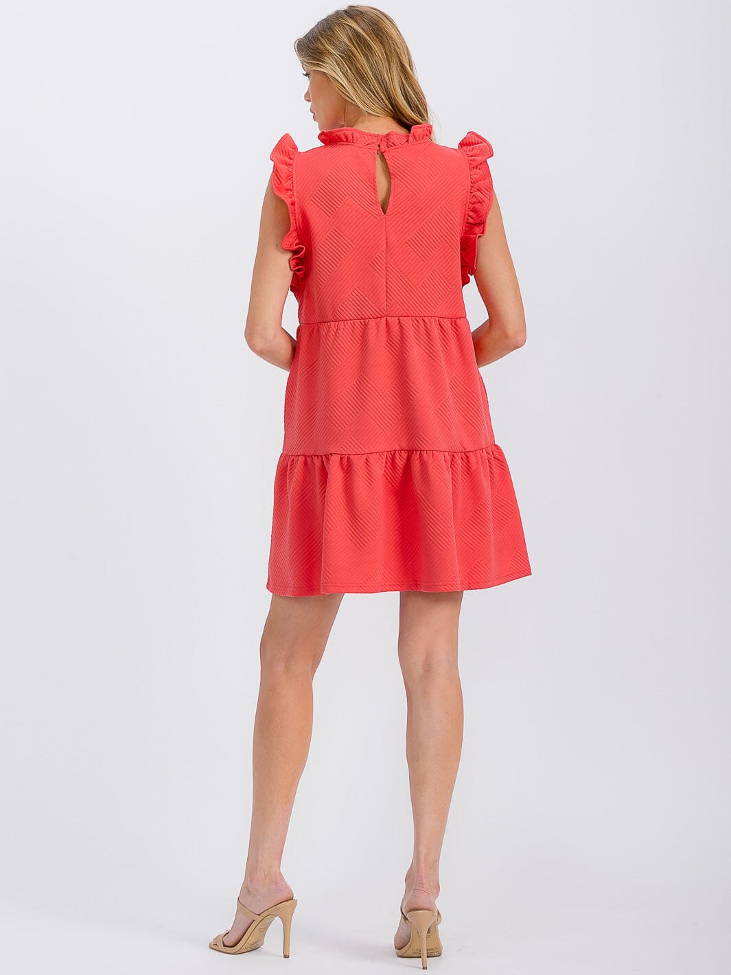 WOMEN'S RUFFLE SLEEVE FRONT POCKETS TIERED MINI DRESS