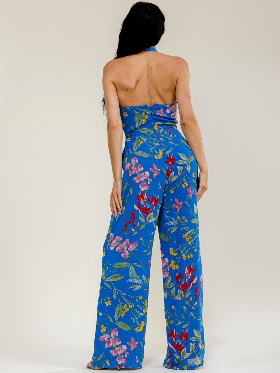 WOMEN'S SLEEVELESS HALTER NECK OPEN BACK POCKETS FLORAL WIDE LEG JUMPSUIT