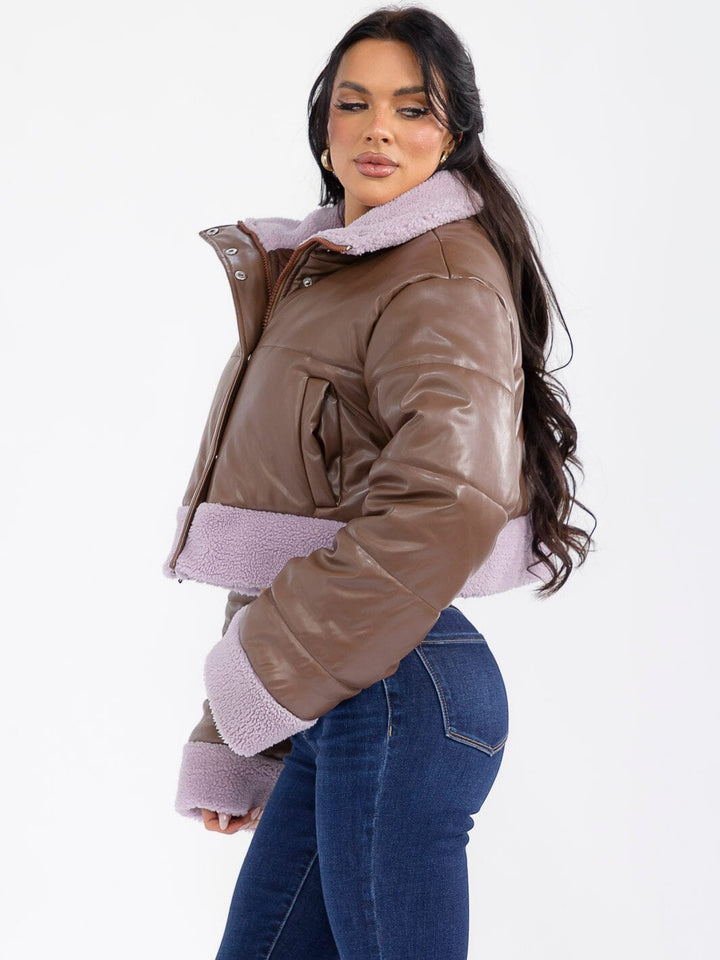 WOMEN'S LONG SLEEVE BUTTON CLOSURE FRONT POCKETS SHERPA PU PLEATHER JACKET