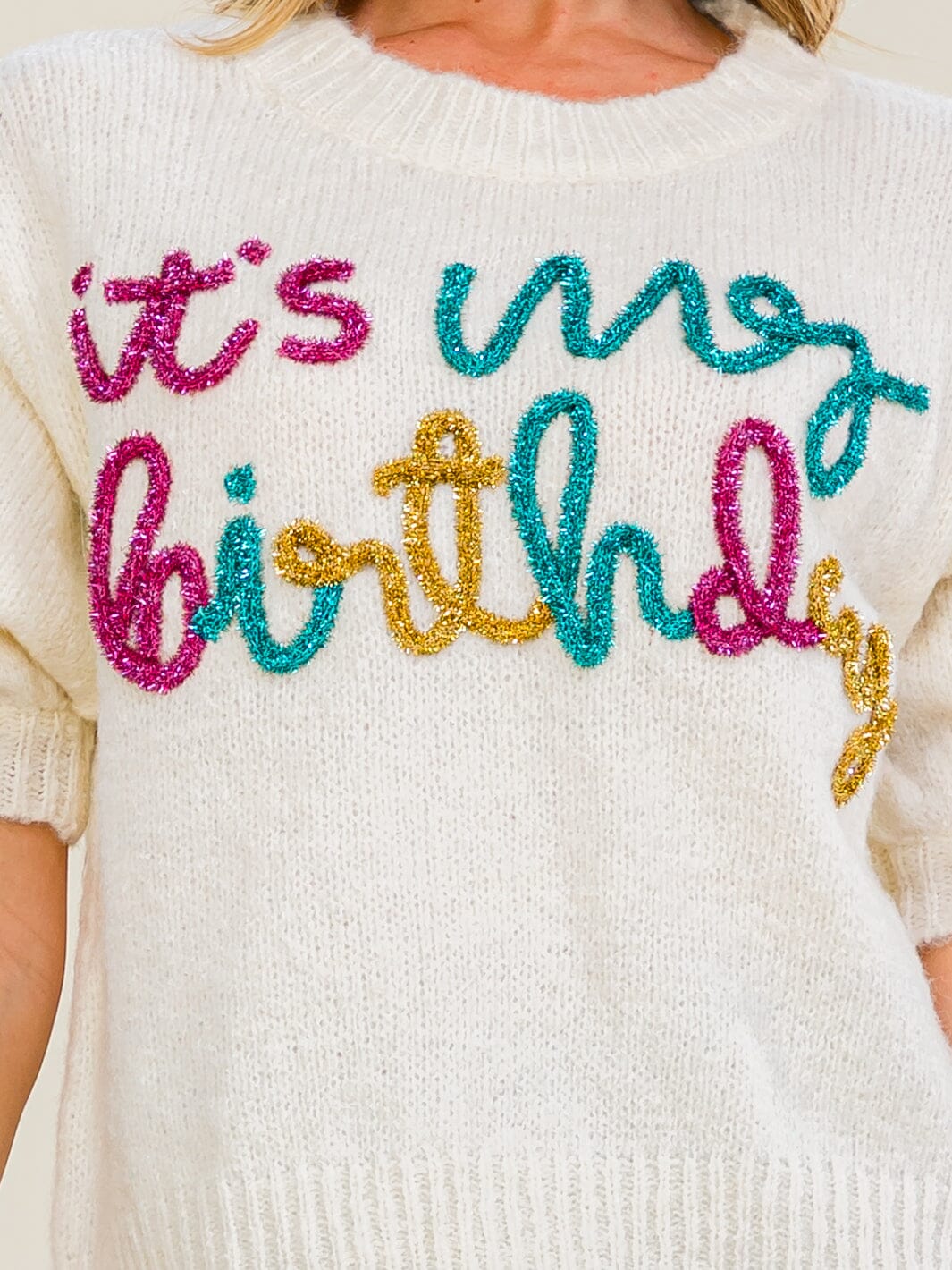 WOMEN'S SHORT SLEEVE IT'S MY BIRTHDAY SWEATER TOP