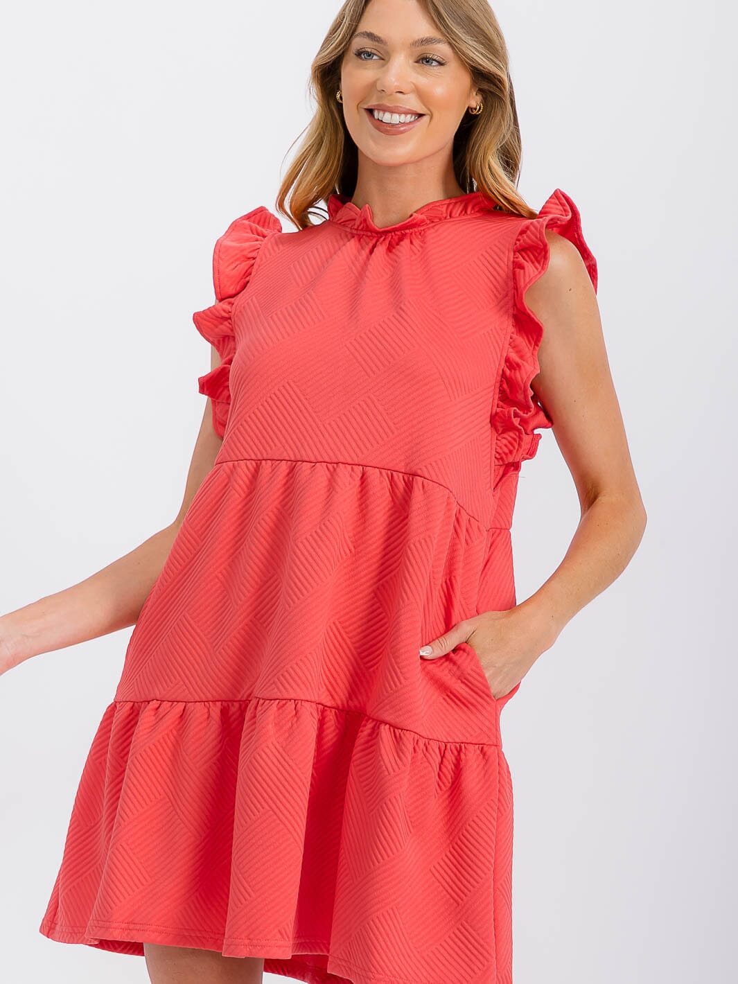 WOMEN'S RUFFLE SLEEVE FRONT POCKETS TIERED MINI DRESS