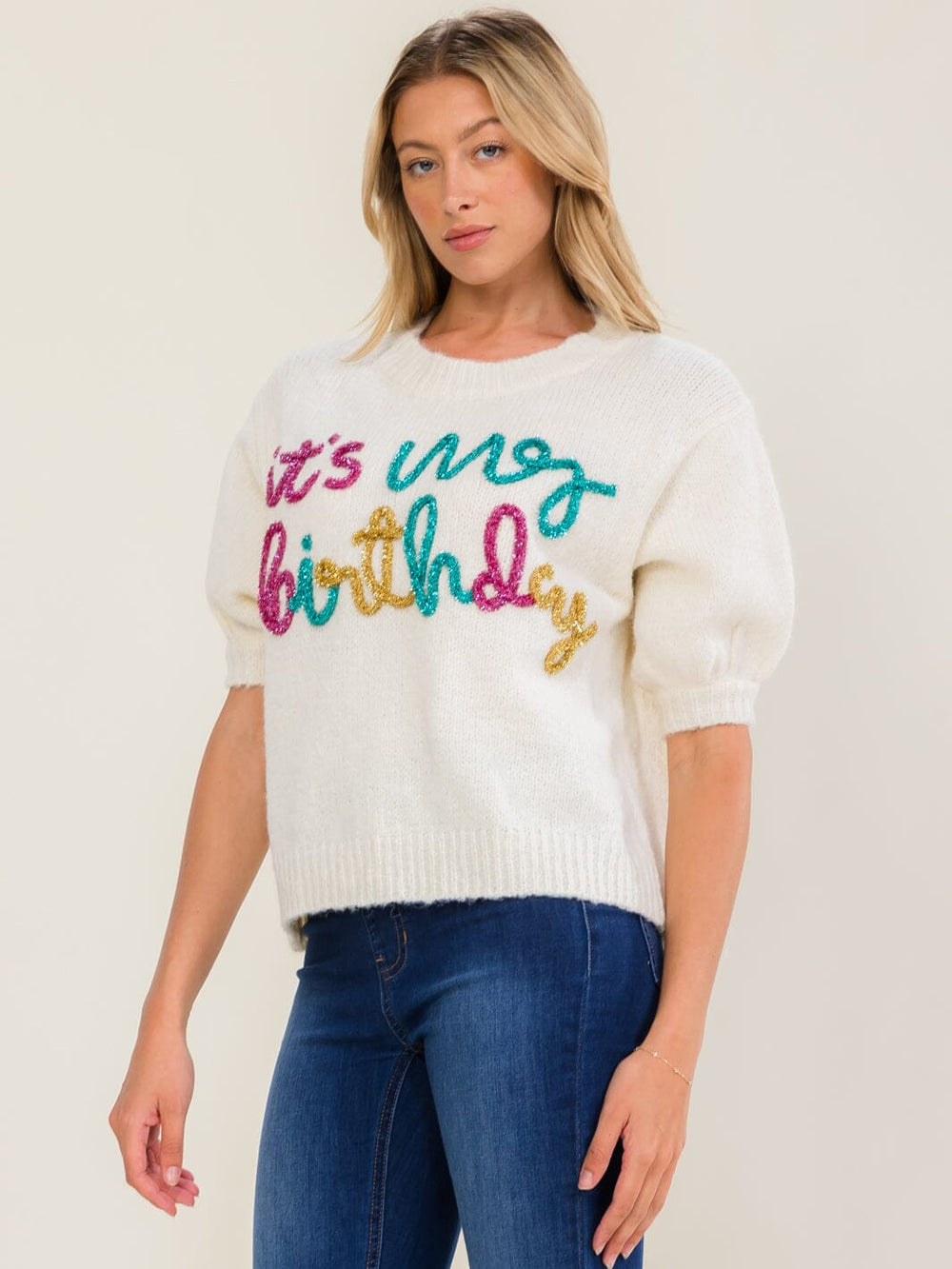 WOMEN'S SHORT SLEEVE IT'S MY BIRTHDAY SWEATER TOP
