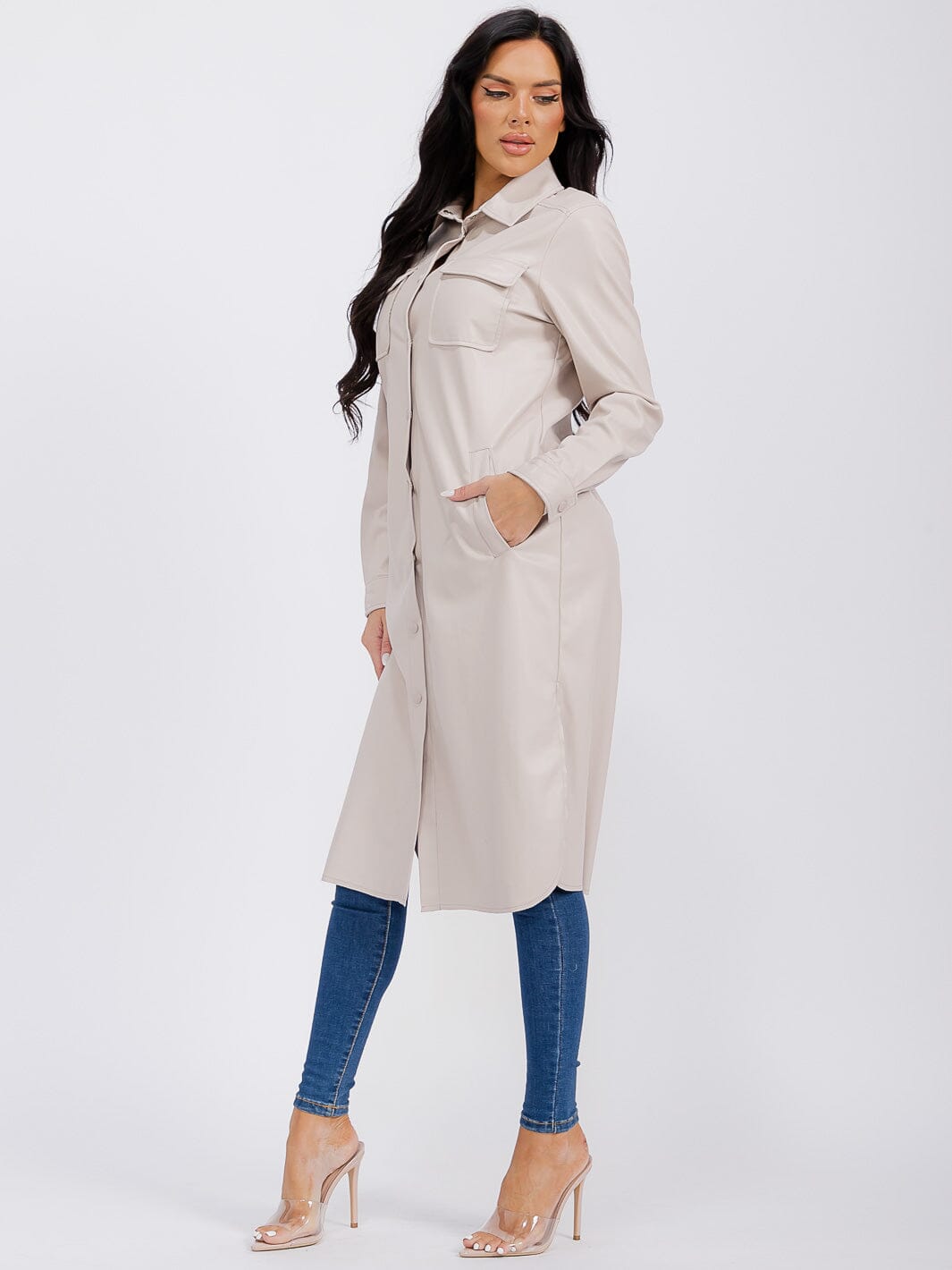 WOMEN'S LONG SLEEVE BUTTON CLOSURE FRONT POCKETS PU PLEATHER COAT