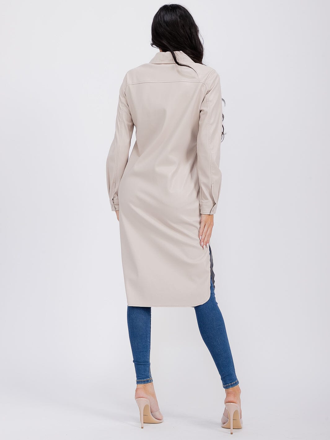 WOMEN'S LONG SLEEVE BUTTON CLOSURE FRONT POCKETS PU PLEATHER COAT