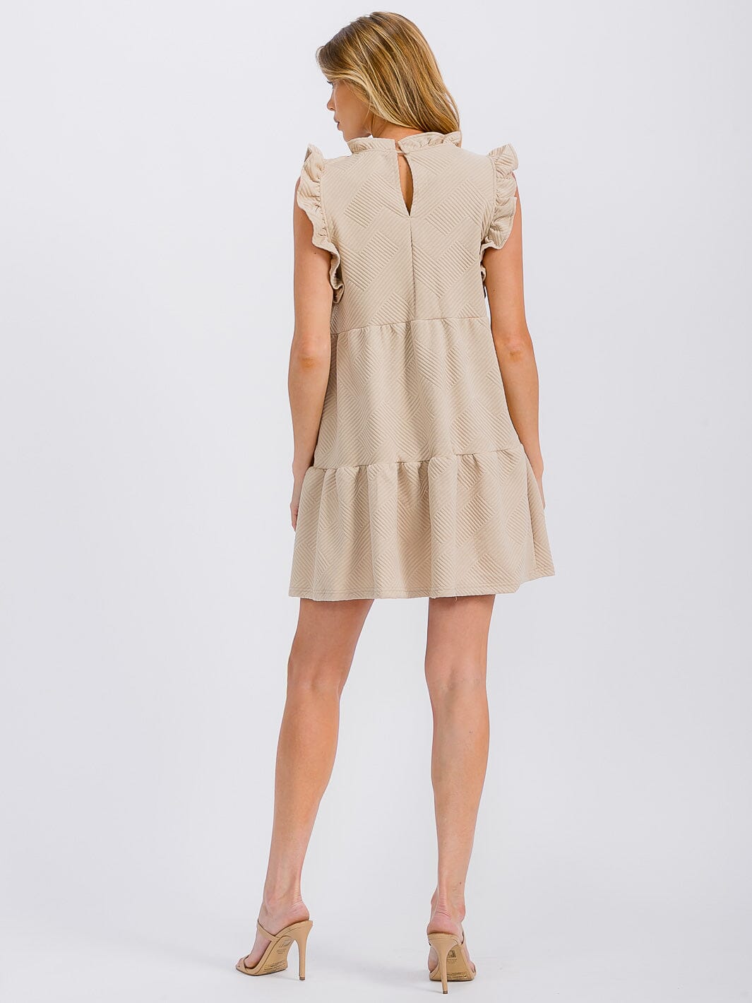 WOMEN'S RUFFLE SLEEVE FRONT POCKETS TIERED MINI DRESS