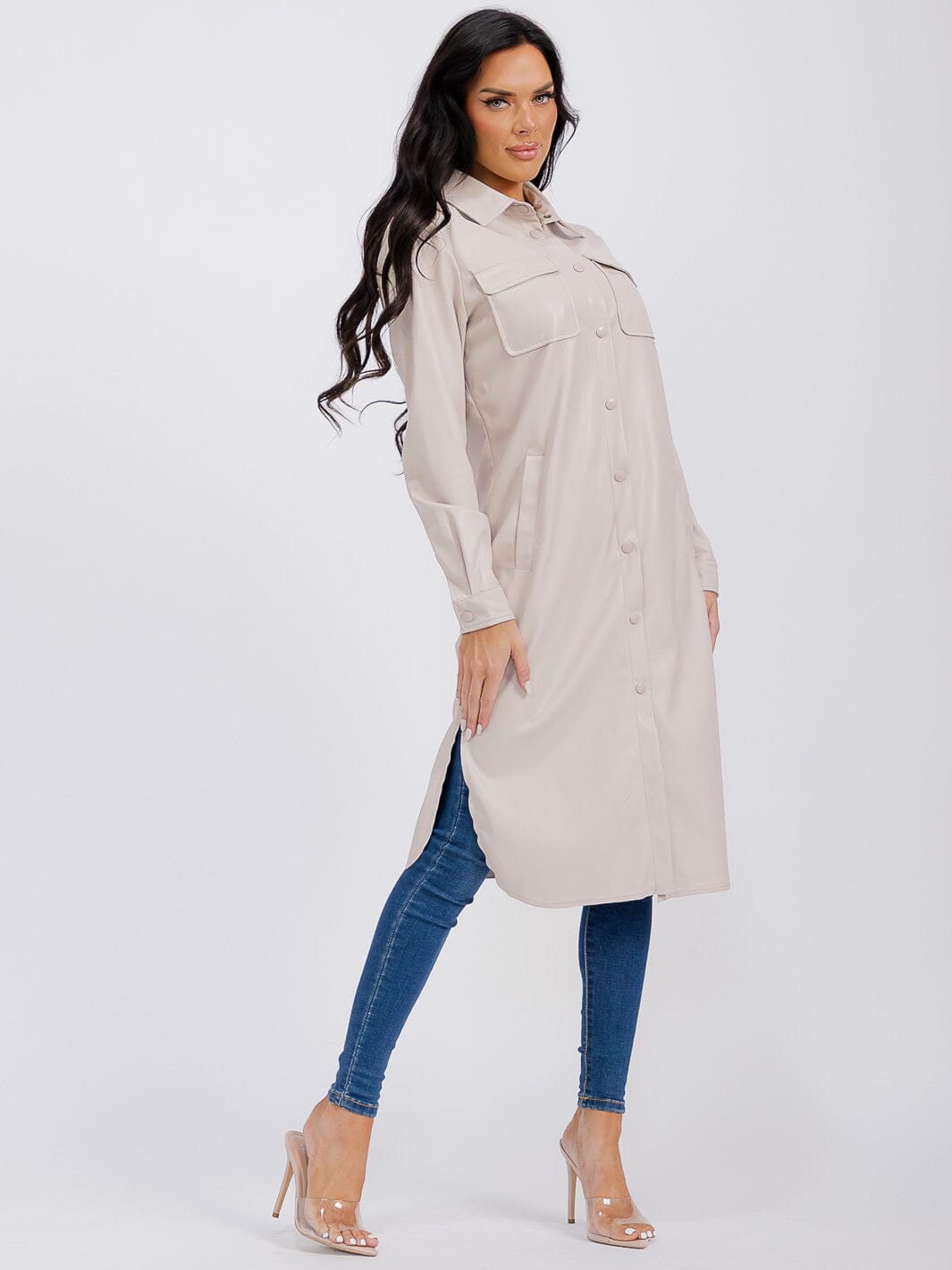 WOMEN'S LONG SLEEVE BUTTON CLOSURE FRONT POCKETS PU PLEATHER COAT