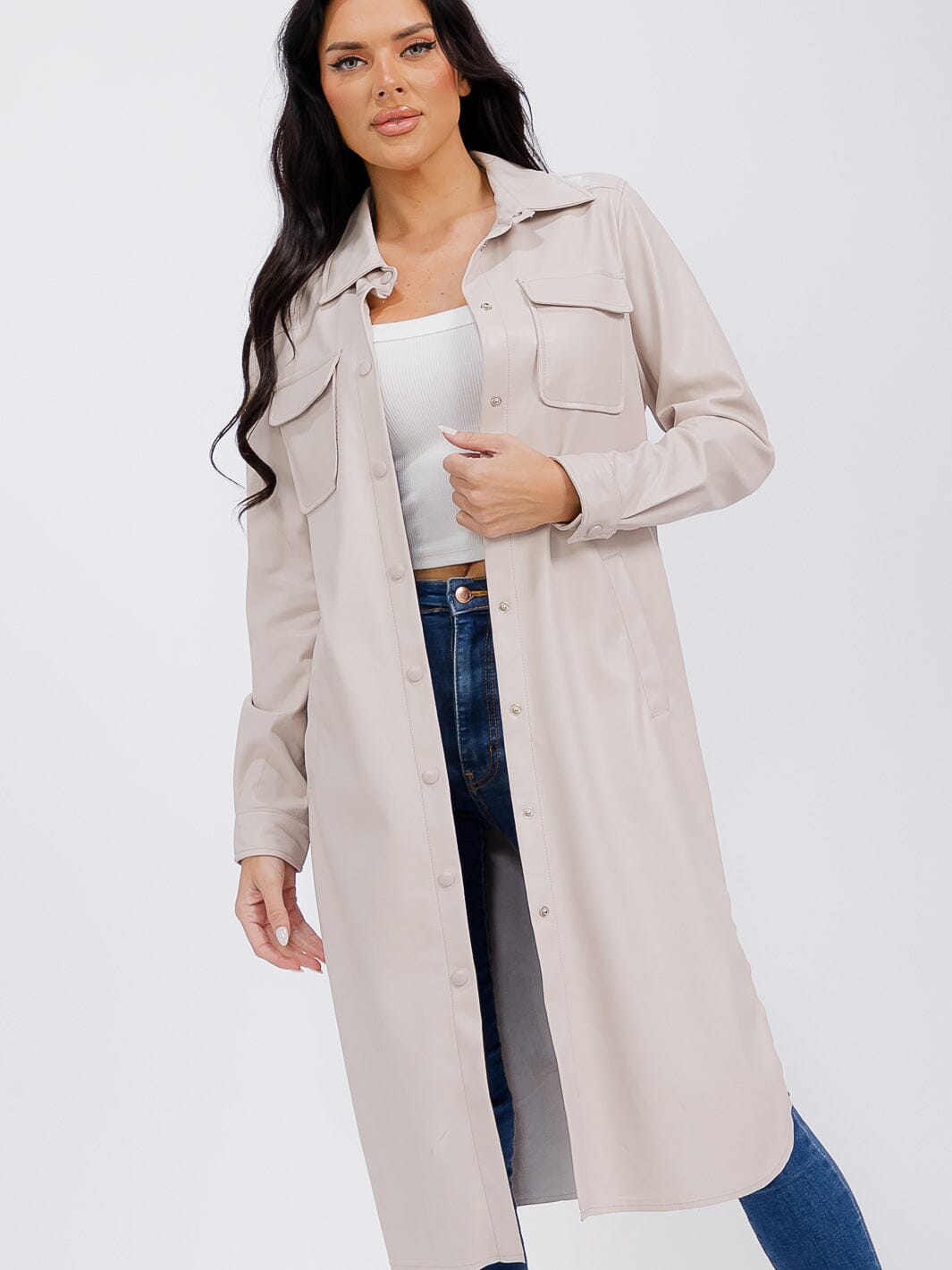 WOMEN'S LONG SLEEVE BUTTON CLOSURE FRONT POCKETS PU PLEATHER COAT