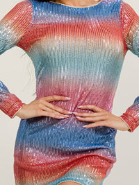 JUST ME WOMEN'S LONG SLEEVE MULTI SEQUINS BODYCON MINI DRESS