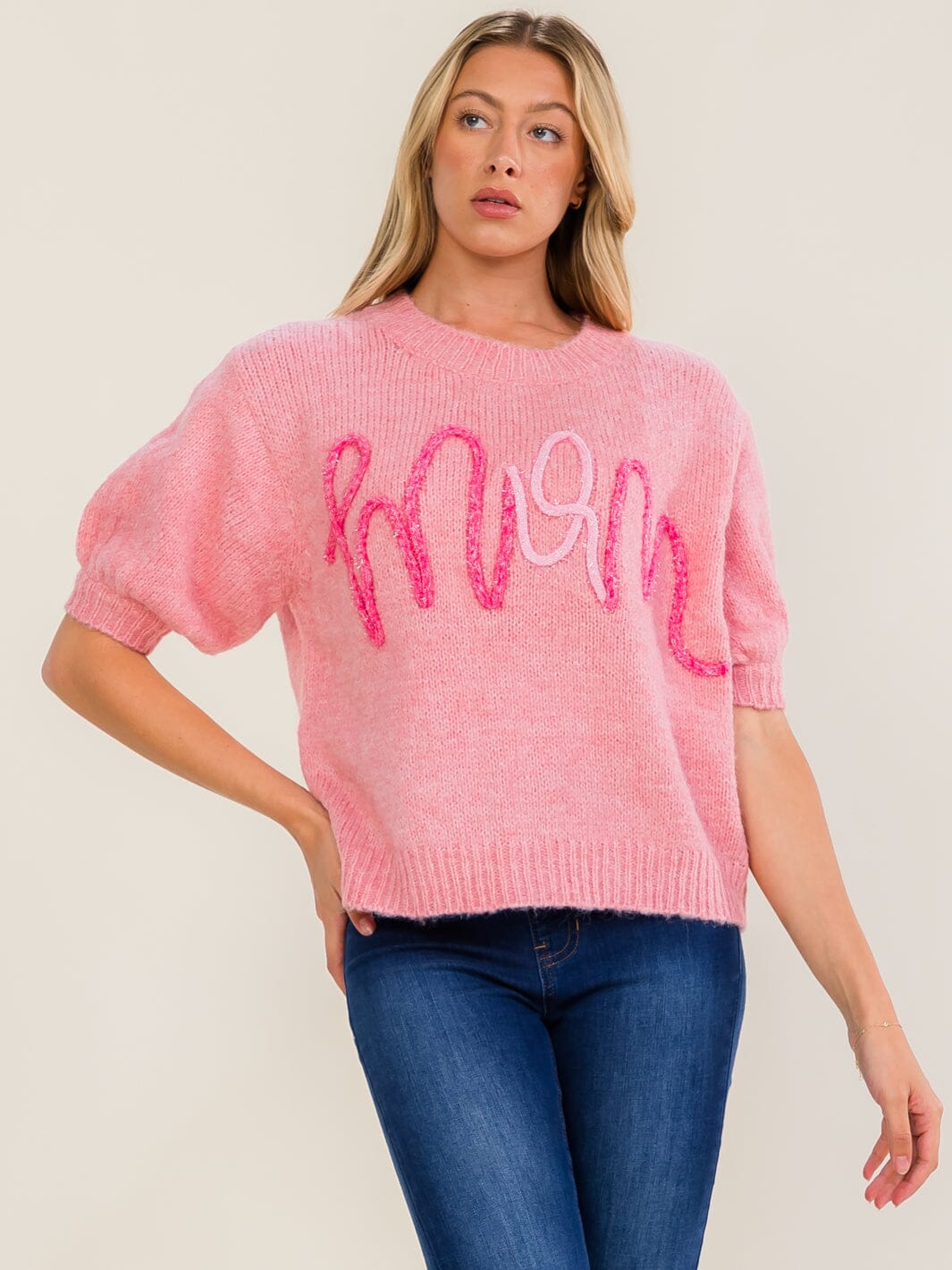 WOMEN'S SHORT SLEEVE MOM SWEATER TOP