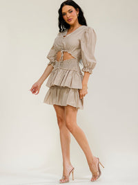 JUST ME WOMEN'S 3/4 SLEEVES CUT OUT SMOCK PLAID MINI DRESS