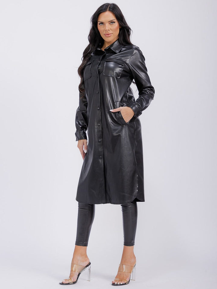 WOMEN'S LONG SLEEVE BUTTON CLOSURE FRONT POCKETS PU PLEATHER COAT