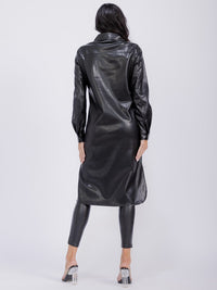 WOMEN'S LONG SLEEVE BUTTON CLOSURE FRONT POCKETS PU PLEATHER COAT
